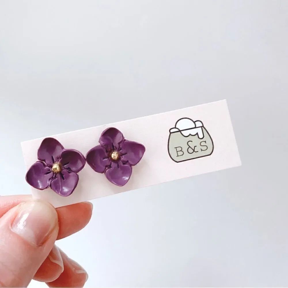 Dark Purple Flower Clay Earrings Hypoallergenic
